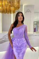 Designer Long One Shoulder Column Lace Split Front Tulle Floor-Length Prom Dresses with Long Sleeves